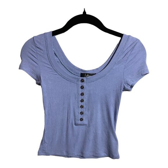 Lulu's Henley Button Front Cap Sleeve Crop Top in Blue Size XS NWT - Picture 1 of 7